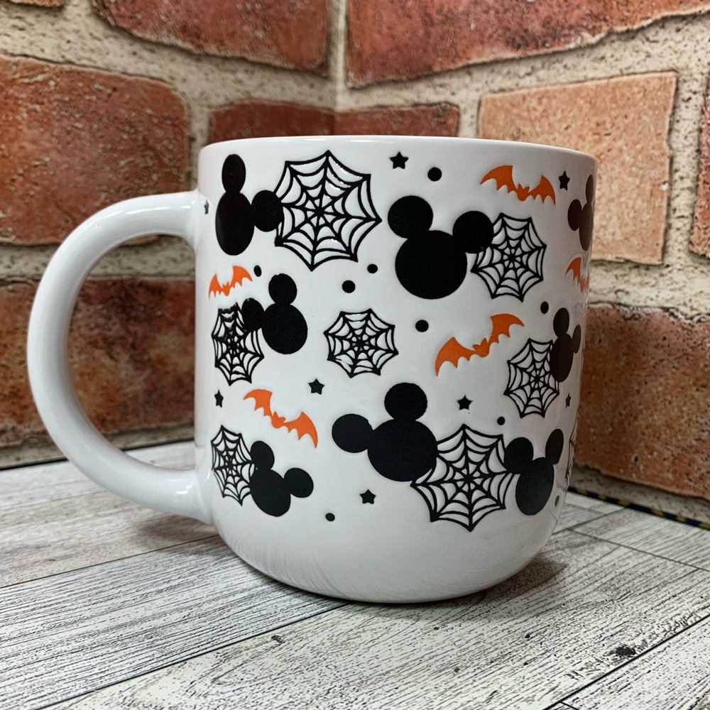 Disney Halloween Mickey Mouse Mug Bats Spider Webs Orange White Black 16oz NEW
